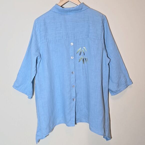 Odile Linen Blue Button Up Top Asian Artsy Size M Asymmetric Lagenlook - Picture 12 of 16